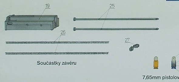 Figure 3 — The bolt parts as drawn on the Czechoslovak training chart: the bolt (19), the two return-spring guide rods (25), the two return springs (26) and the retainer (27), with the 7.65 mm cartridge. Crop…