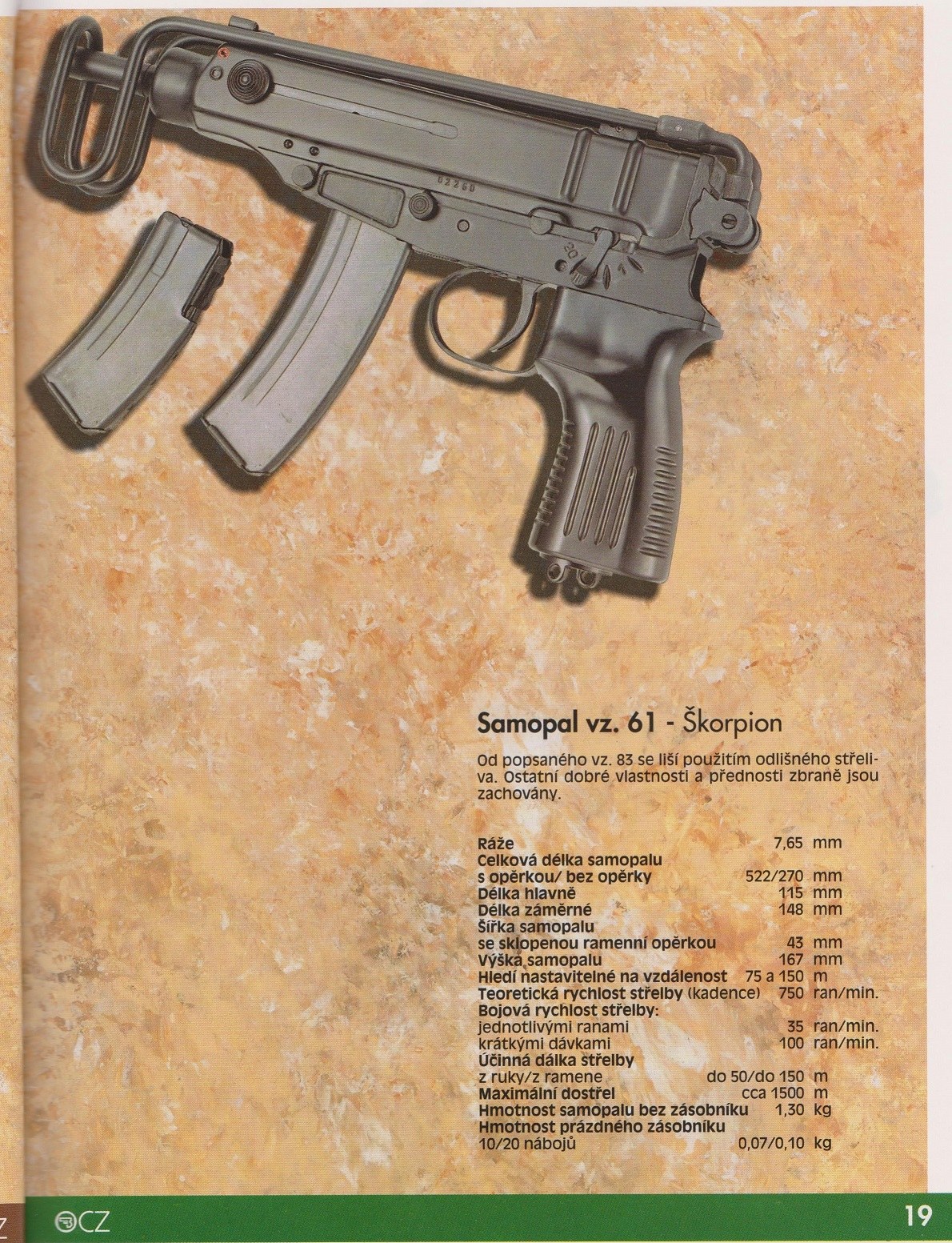 Figure 3 — Česká zbrojovka's catalogue page for the "Samopal vz. 61 - Škorpion", with its data table: 7.65 mm; 522/270 mm; barrel 115 mm; sight radius 148 mm; width 43 mm; height 167 mm; sights for 75 and 150…