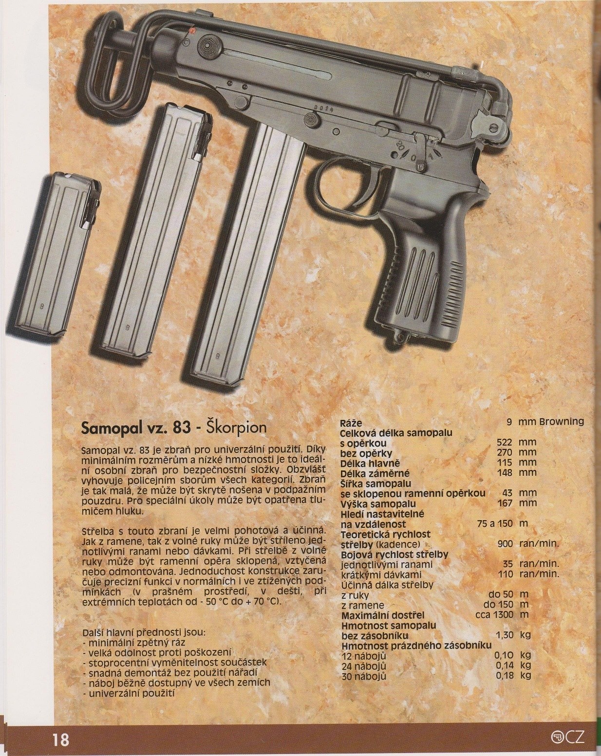 Figure 5 — Česká zbrojovka's catalogue page for the "Samopal vz. 83 - Škorpion" in 9 mm Browning, with straight magazines of 12, 24 and 30 rounds. Its table gives the same dimensions as the vz. 61, a cyclic r…