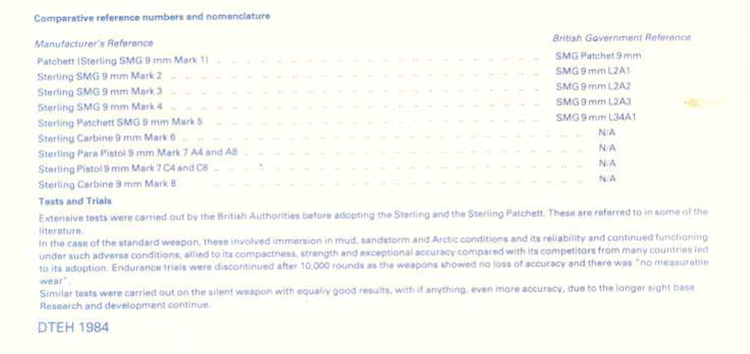 Figure 2 — Sterling's "Comparative reference numbers and nomenclature", signed DTEH 1984. The automatic pair is the "Sterling Para Pistol 9 mm Mark 7 A4 and A8". The semi-automatic pair is the "Sterling Pisto…