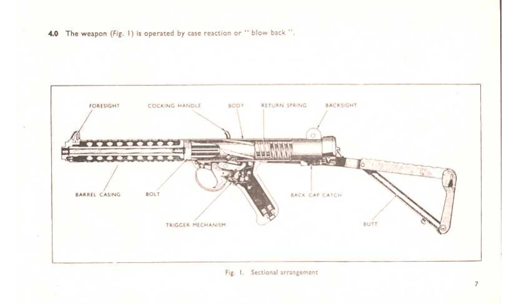 Figure 1 — The Sterling's layout in the maker's own sectional drawing: barrel inside a perforated casing, the bolt and return spring in the tubular body, the back cap and its catch at the rear, and the trigge…