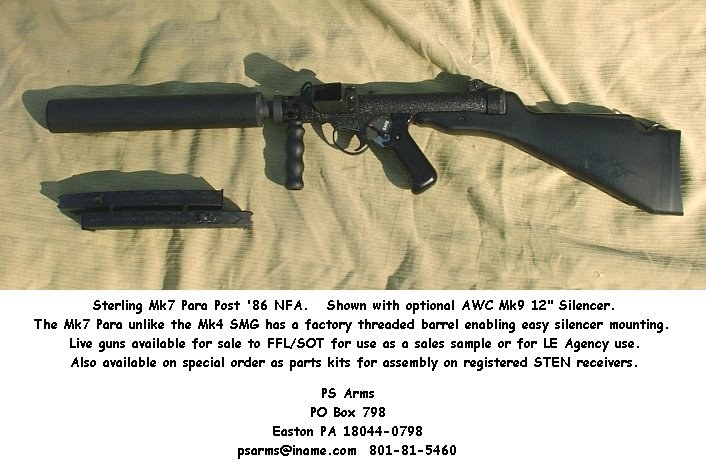 Figure 5 — A post-1986 dealer-sample Mark 7 A4 with the plastic butt and an aftermarket AWC Mk9 12-inch silencer. The dealer notes that, unlike the Mark 4, the Mark 7 has a factory-threaded barrel. PS Arms ph…