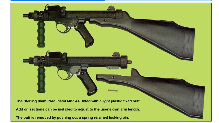 Figure 4 — The Mark 7 A4 with Sterling's light plastic fixed butt, fitted and removed. The butt mounts on a special end cap and is held by a spring-retained pin. From a PS Arms dealer flyer archived in 2009.