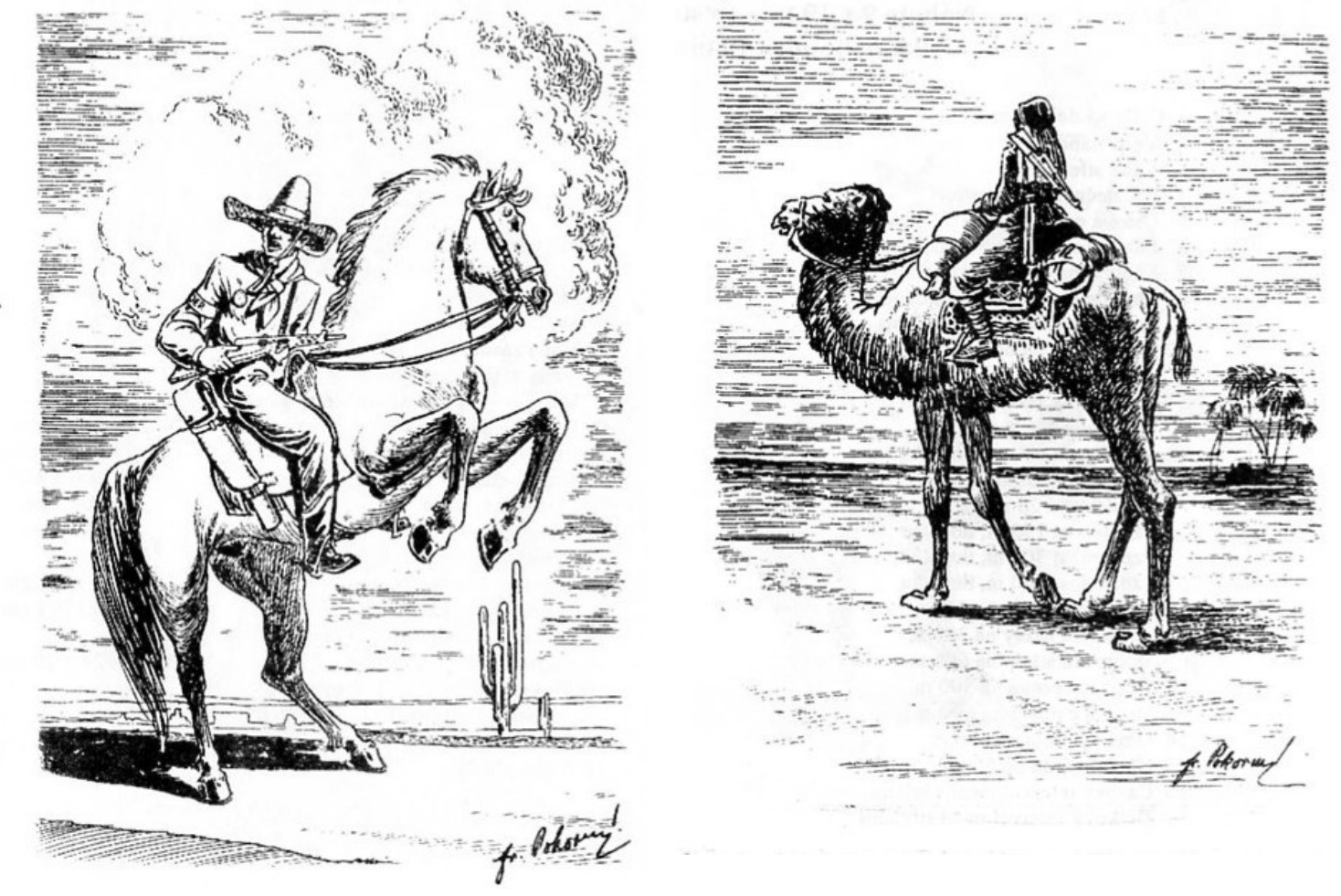 Figure 10 — The manual addresses a wider world than the Czechoslovak army: a horseman in a sombrero and a camel rider, by the manual's illustrator, whose signature reads Fr. Pokorný. From the 1997 reprint, sca…