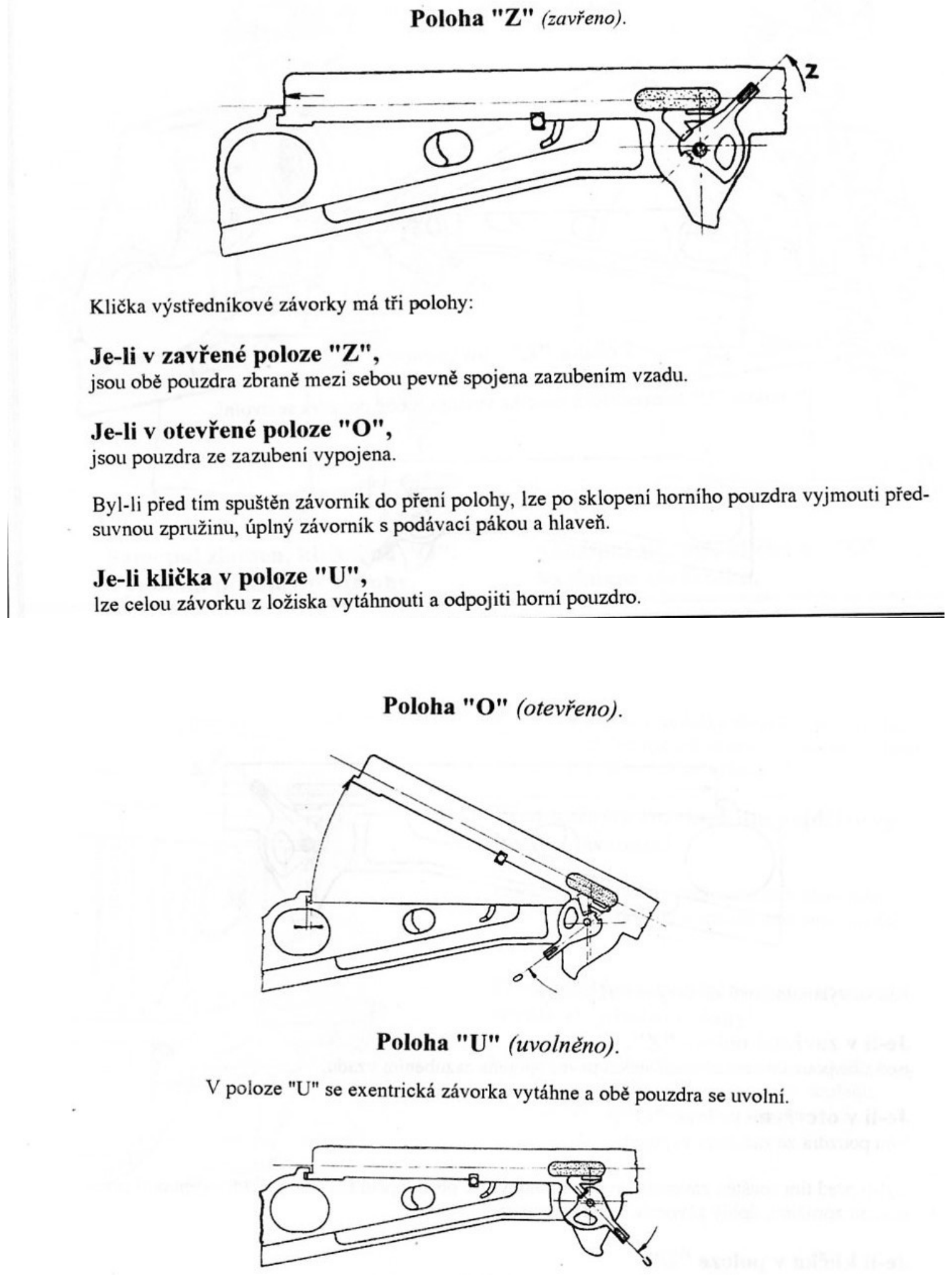 Figure 2 — The latch lever's three positions, from the manual. Z, closed: the housings are locked together by the teeth at the rear. O, open: the housings are disengaged and the upper one tips up. U, released…