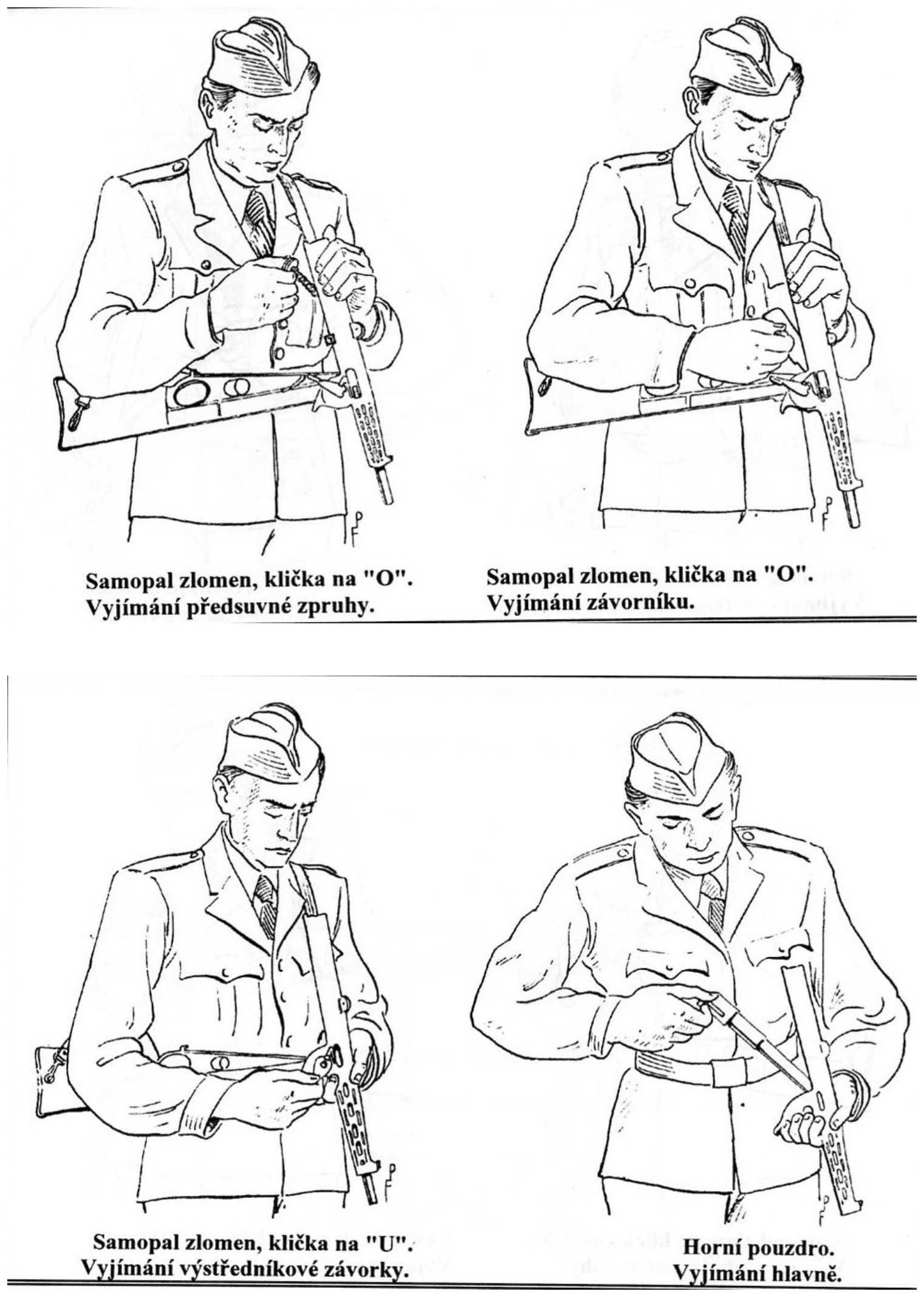 Figure 8 — Stripping, from the manual: gun broken open with the latch at "O", removing the return spring and then the bolt; latch at "U", removing the eccentric latch; and the upper housing, removing the barr…