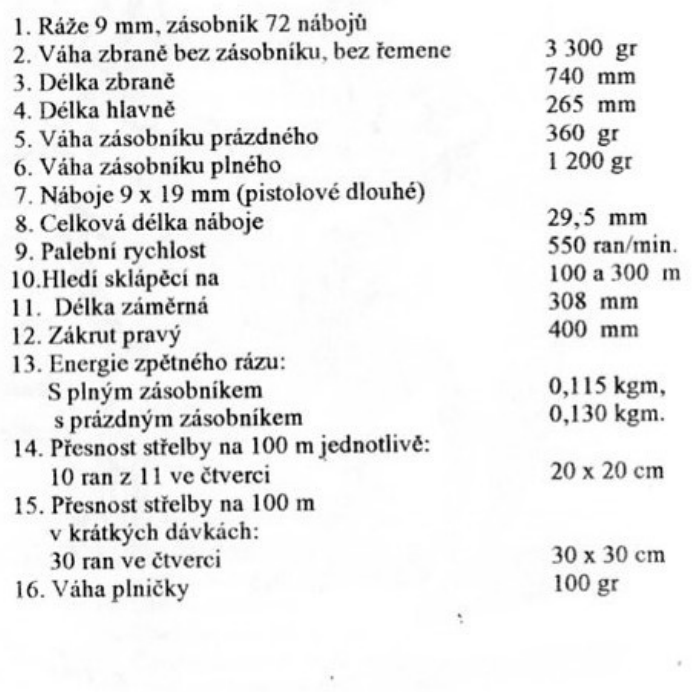 Figure 9 — The manual's table of technical data (section V, items 1 to 16): 3,300 g without magazine, 740 mm, a 265 mm barrel, 550 rounds a minute, a sight radius of 308 mm, right-hand twist of 400 mm, and th…