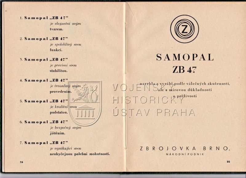 Figure 11 — The original Zbrojovka Brno manual, pages 24–25: the seven claims and the title spread with the Z-in-circle mark. Photograph © VHU Praha, from Skramoušský (2018).