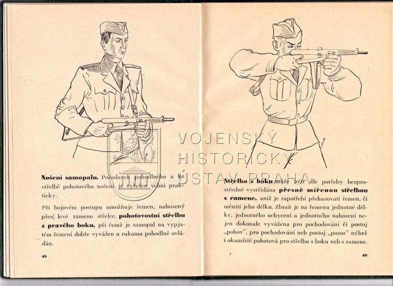 Figure 12 — Manual pages 48–49: carrying the gun on the sling, and firing from the hip. Photograph © VHU Praha, from Skramoušský (2018).