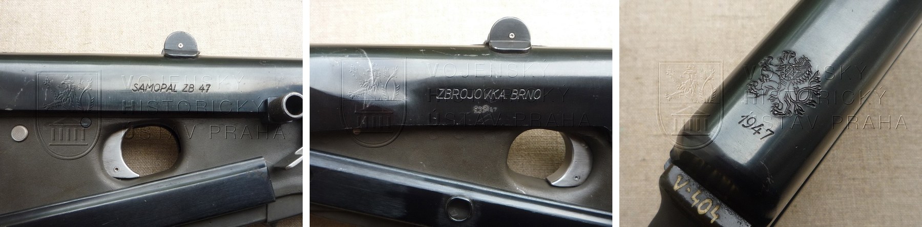 Figure 8 — Markings on ZB 47 serial 1032: the model name, the maker's name, and the Czechoslovak lion with the year 1947. Photographs © VHU Praha, exhibit page 'Samopal ZB 47'.