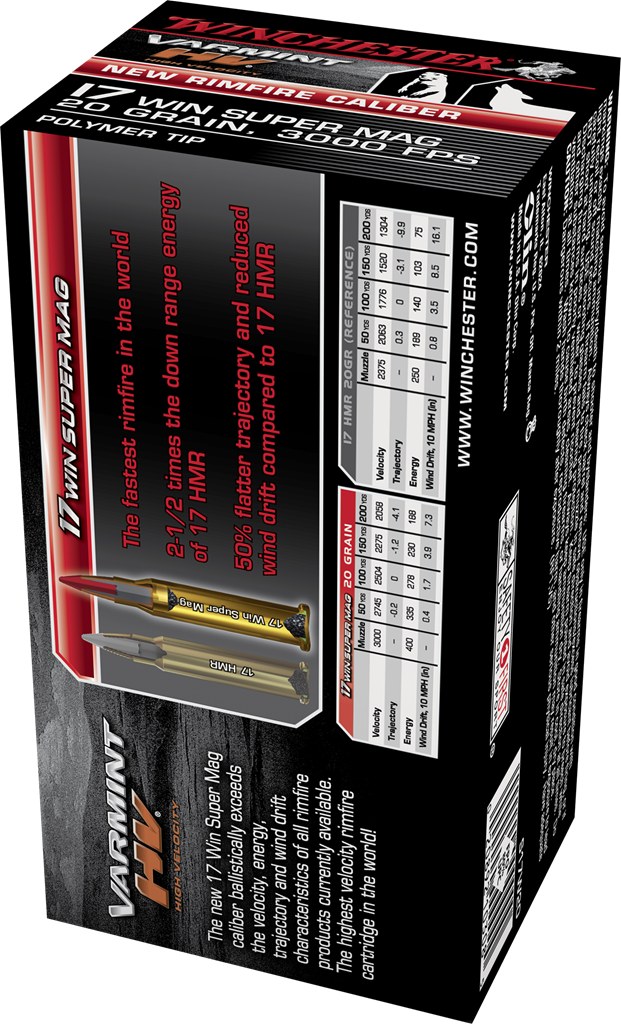 Figure 3 — The back of a box of Winchester Varmint HV 17 Win Super Mag, 20 grain, as Winchester shows it on its own product page. The panel sets the new cartridge against the .17 HMR in a cut-away drawing and…