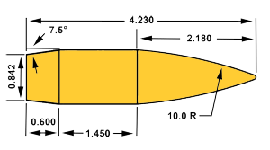 Figure 3 — The G7 (long boat-tail, secant-ogive) standard reference projectile — a far closer match to a modern match bullet, which is why G7 BCs stay more constant across velocity. Source: commons.wikimedia.…