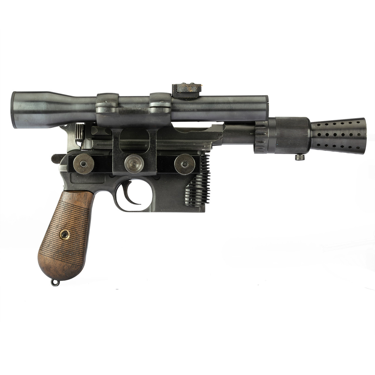 Figure 2.1 — A DL-44 at canonical screen-accuracy proportions, useful as a baseline for the silhouette variations this volume tracks across hero vs stunt and ANH / ESB / ROTJ. Note the relationship…
