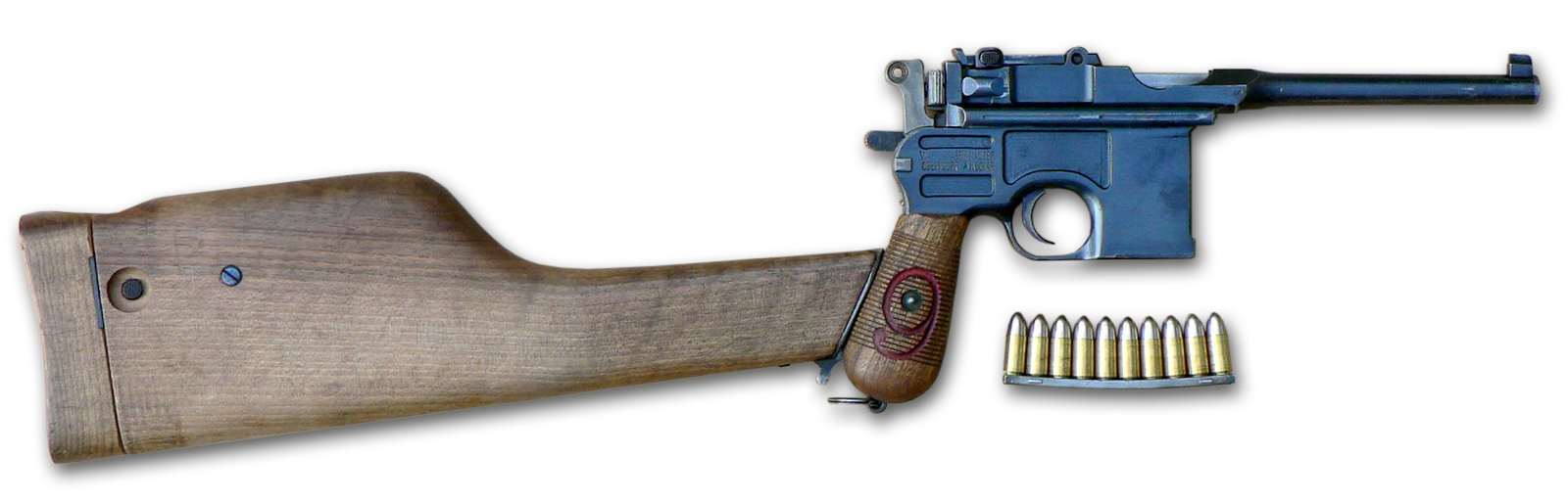 Figure 3.3 — Mauser C96 M1916 "Red 9" — 9×19mm Parabellum contract variant produced in 1916 for the German military to address WWI Luger production shortfalls. The painted red "9" on each grip pane…