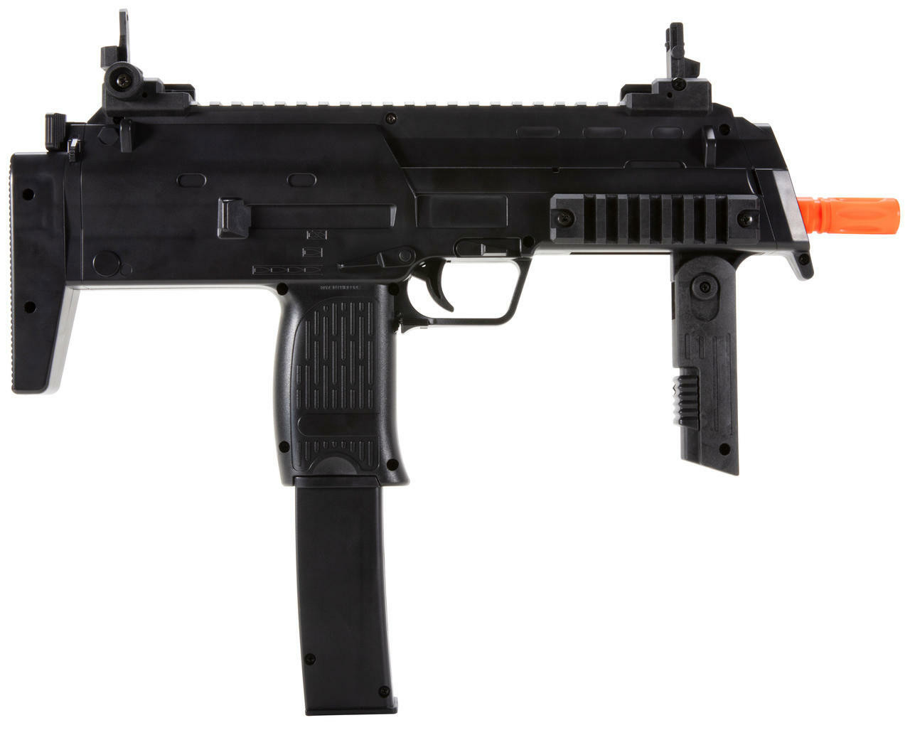 Figure 6 — The Elite Force / Umarex H&K MP7 A1 spring gun from the right. The rails are moulded into the receiver, and the stock is a fixed stub where the other guns have a sliding rod stock. At about a pound…