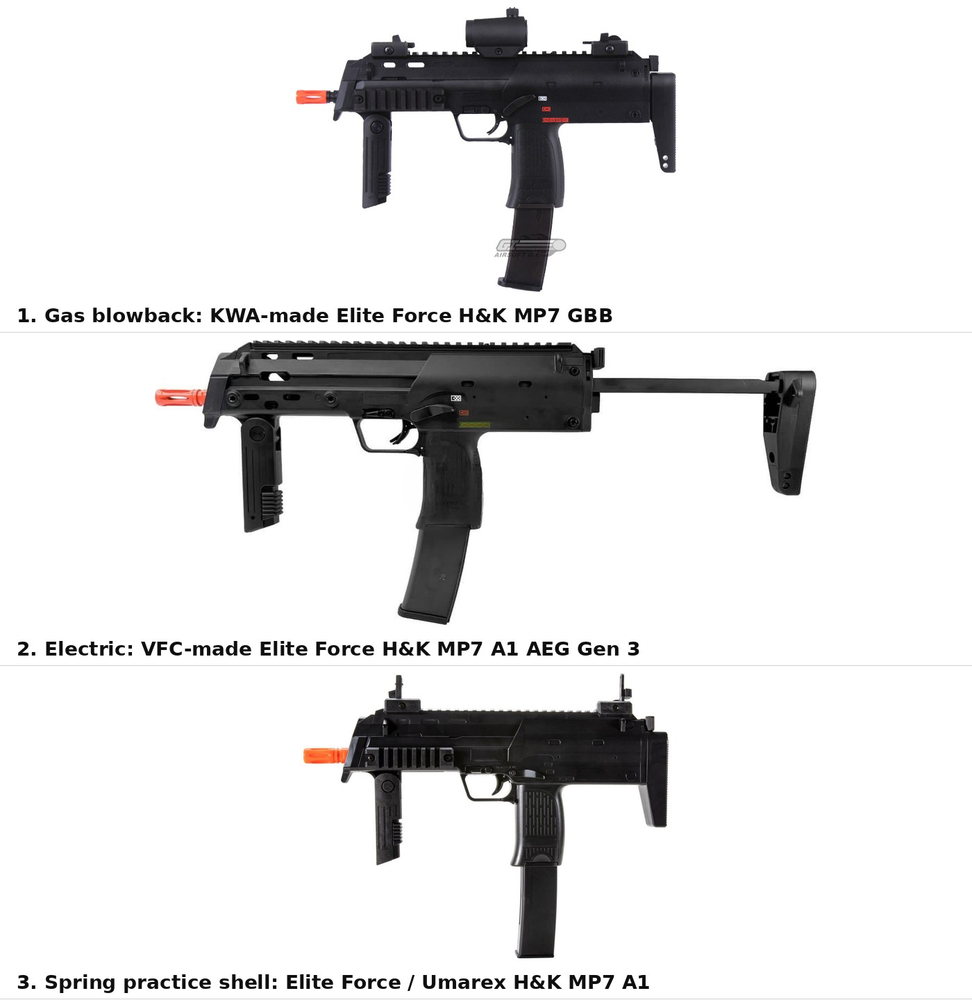 Figure 10 — The three donors bought for comparison, all from the left side, muzzle to the left. 1, the KWA-made Elite Force gas blowback gun, shown in its retailer's photograph with an optic fitted that does n…