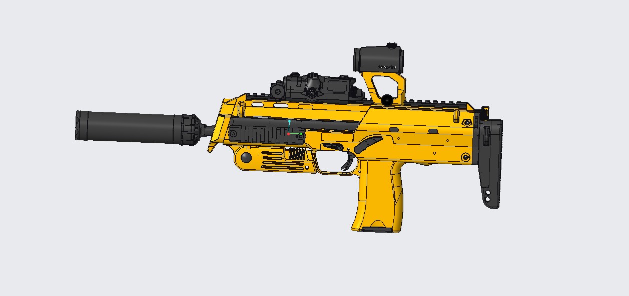 Figure 2 — The starter file's left-side preview, from the listing: an MP7A1 in yellow with the stock collapsed, a closed reflex sight on a riser, a laser module and a suppressor on the muzzle. The fine black …