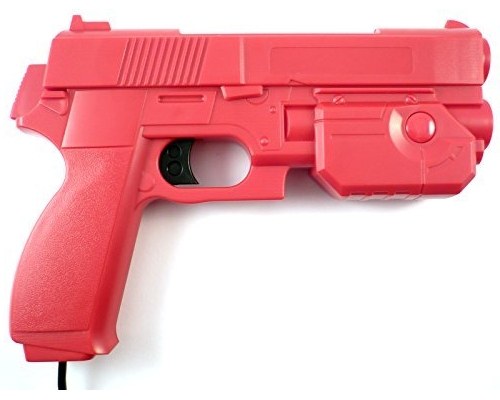 Figure 6 — The AimTrak light gun in red, from Ultimarc's product page. AimTrak uses a single IR LED bar near the top of the screen and a closed firmware configured by a Windows utility. Photo: Ultimarc, ultim…