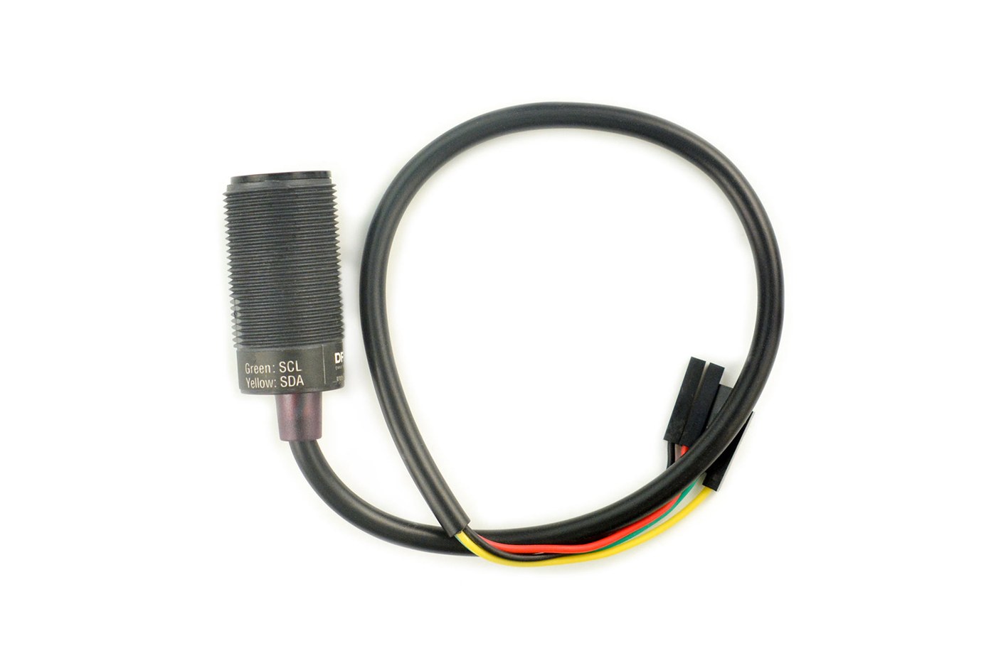 Figure 8 — The DFRobot SEN0158 with its lead, which ends in a four-way connector. The wire colours on the lead match the Hardware Guide's wiring: red, black, green and yellow. Photo: DFRobot, dfrobot.com prod…