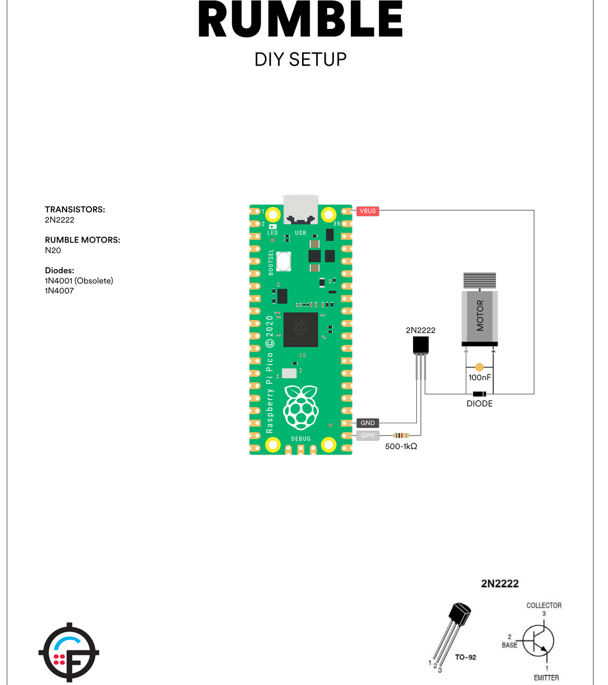 Figure 15 — OpenFIRE Hardware Guide v1.3, "Rumble — DIY Setup". An N20 gear motor runs from the Pico's VBUS (USB 5 V) through a 2N2222 transistor whose base is driven from GP17 through 500 ohms to 1 kilohm; a …