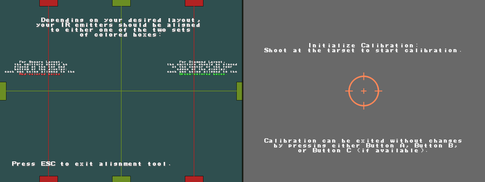 Figure 3 — The OpenFIRE App's full-screen tools as shown in its README. Left: the IR Emitter Alignment Assistant, with the target boxes for the square layout (red, at a fifth of the width from each side, top …