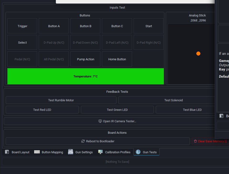 Figure 3 — The Gun Tests tab of the OpenFIRE App v3.0: live indicators for every mapped button and the analog stick, the temperature reading, test buttons for the rumble motor, solenoid and each LED colour, t…