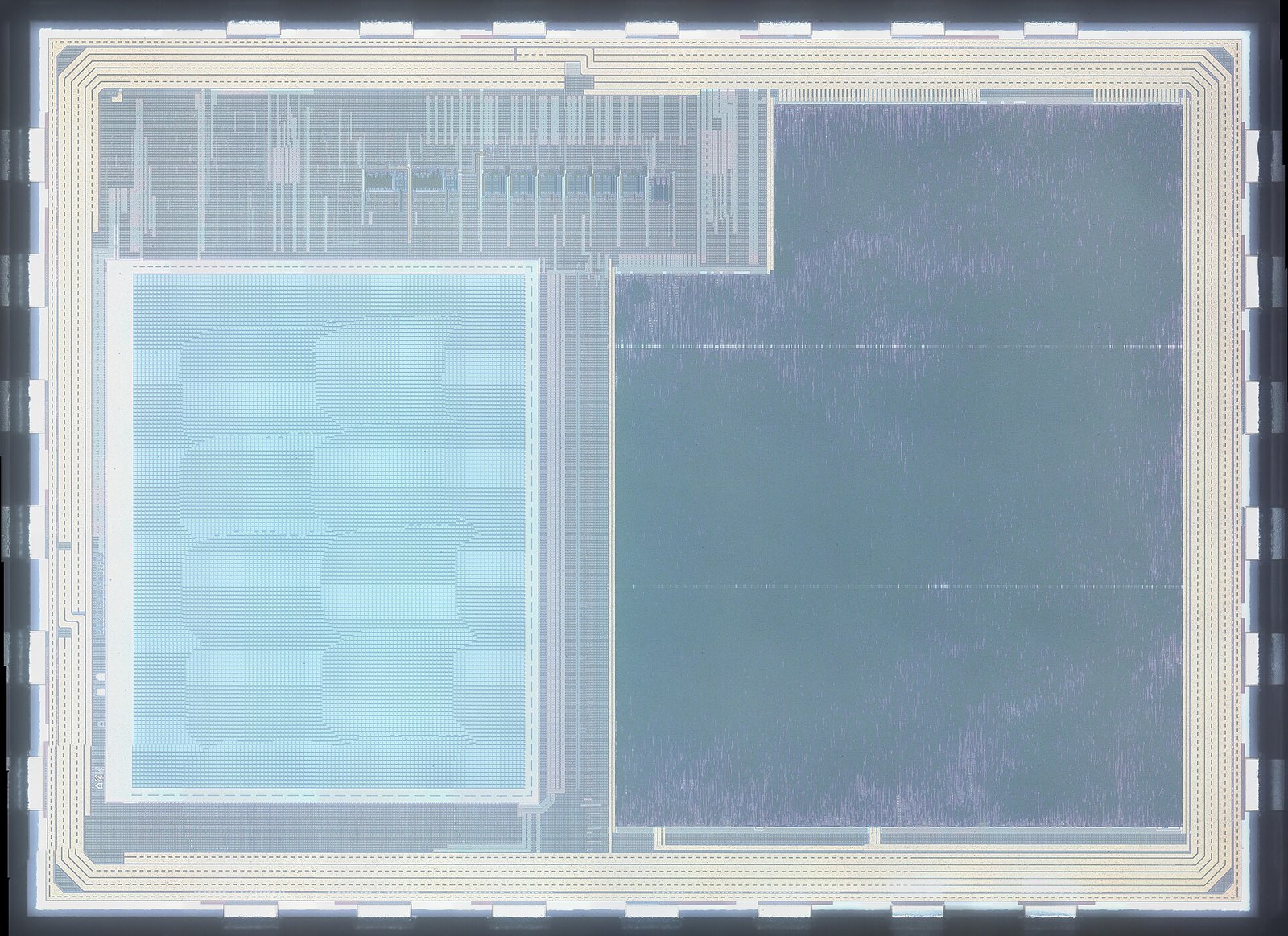 Figure 9 — A die photograph labelled as the PixArt PFC089 optical sensor, said to be the chip inside the Wii Remote's IR camera. The large light square is the pixel array; the logic that finds and reports the…