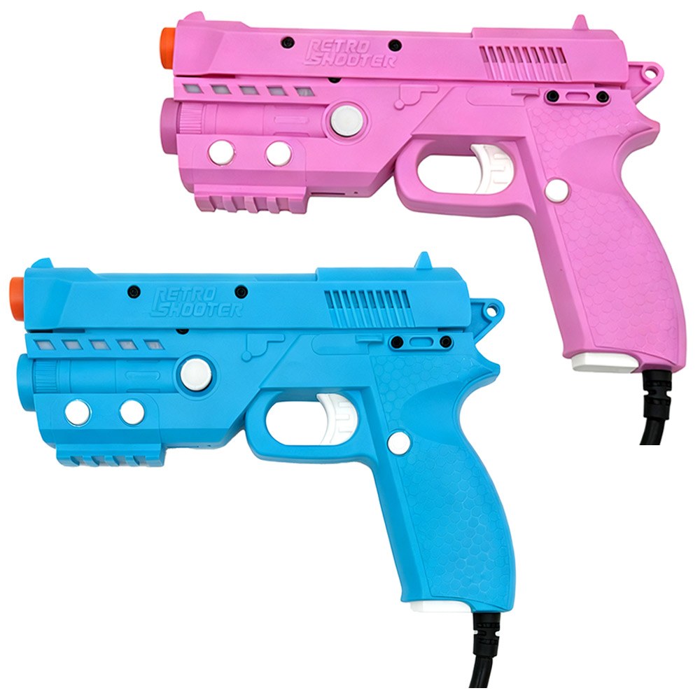 Figure 7 — The Retro Shooter RS3 Reaper pair in pink and blue, from the maker's shop. The guns carry a 24 V sliding-recoil solenoid; the 24 V supply, the hub and the four IR emitters are sold separately. Phot…