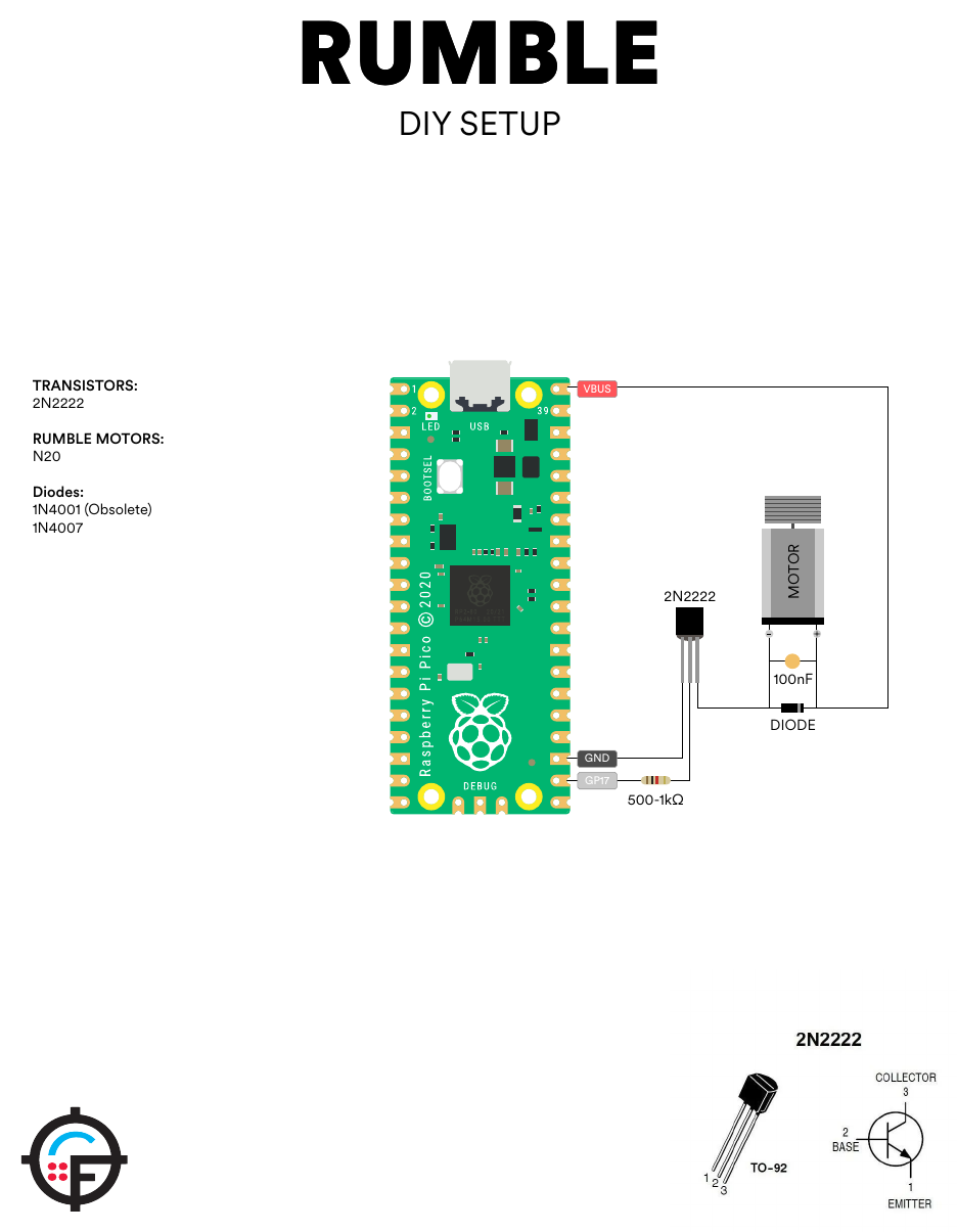 Figure 4 — The hardware guide's rumble sheet, for comparison: a 2N2222 with a 500 Ω to 1 kΩ base resistor, the motor on VBUS, and a diode and 100 nF across it. From the OpenFIRE Hardware Guide, version 1.2.