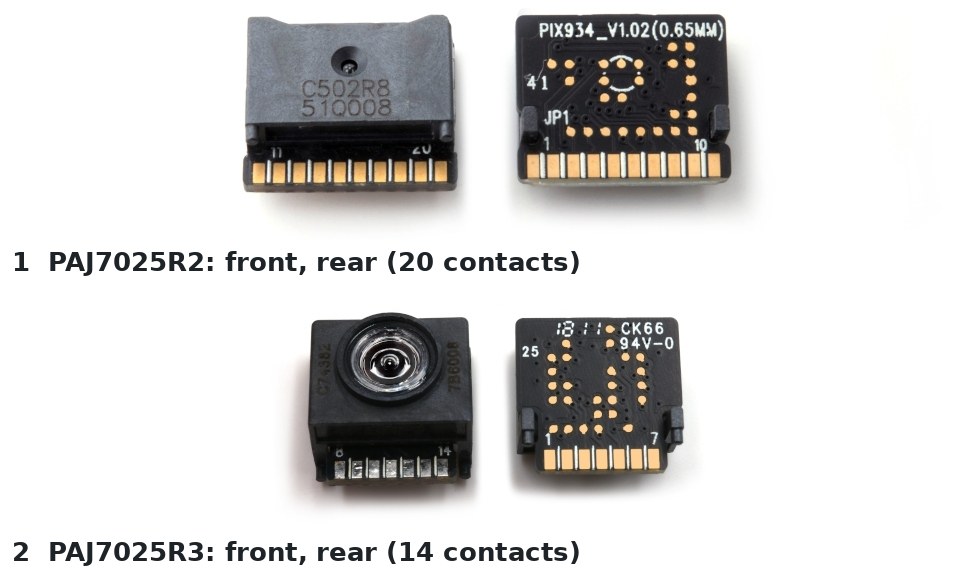 Figure 4 — The two PixArt multi-object tracking modules. 1, the PAJ7025R2: a moulded body with a pinhole lens and 20 gold contacts at 0.65 mm pitch along one edge. 2, the PAJ7025R3, the same sensor behind a w…