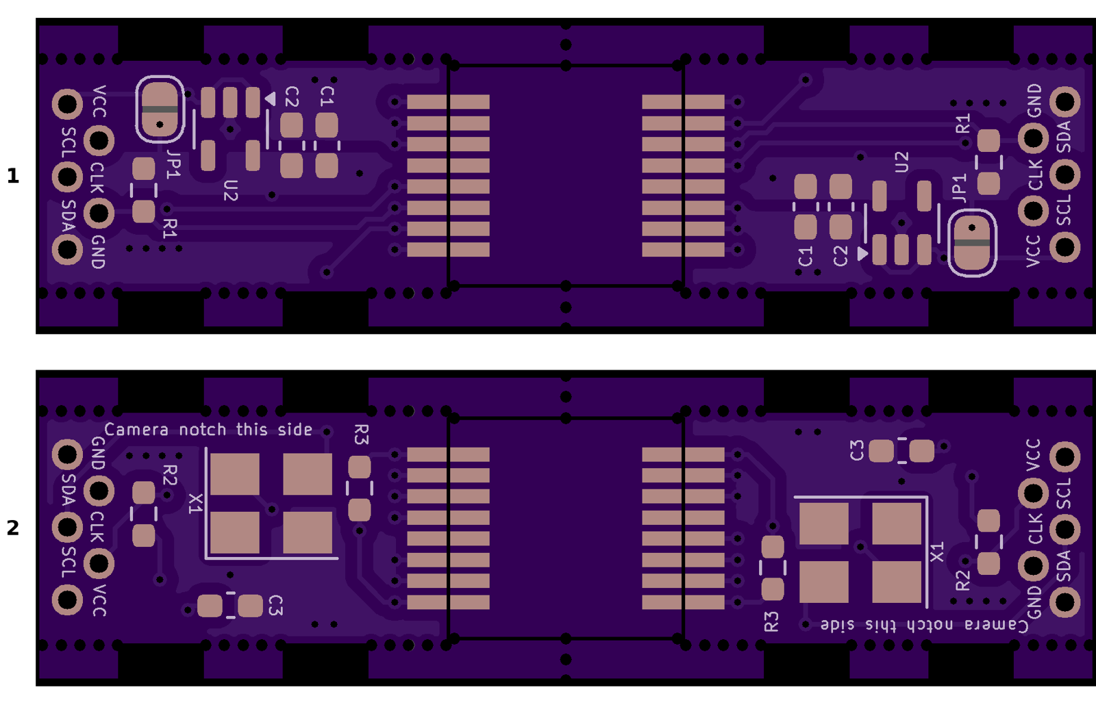 Figure 5 — The Wiimote IR sensor carrier by eatnooM as OSH Park renders it, 1 the top side and 2 the bottom. The shared design is drawn as a two-up panel, 13 by 45 mm overall: each half is one carrier, with e…