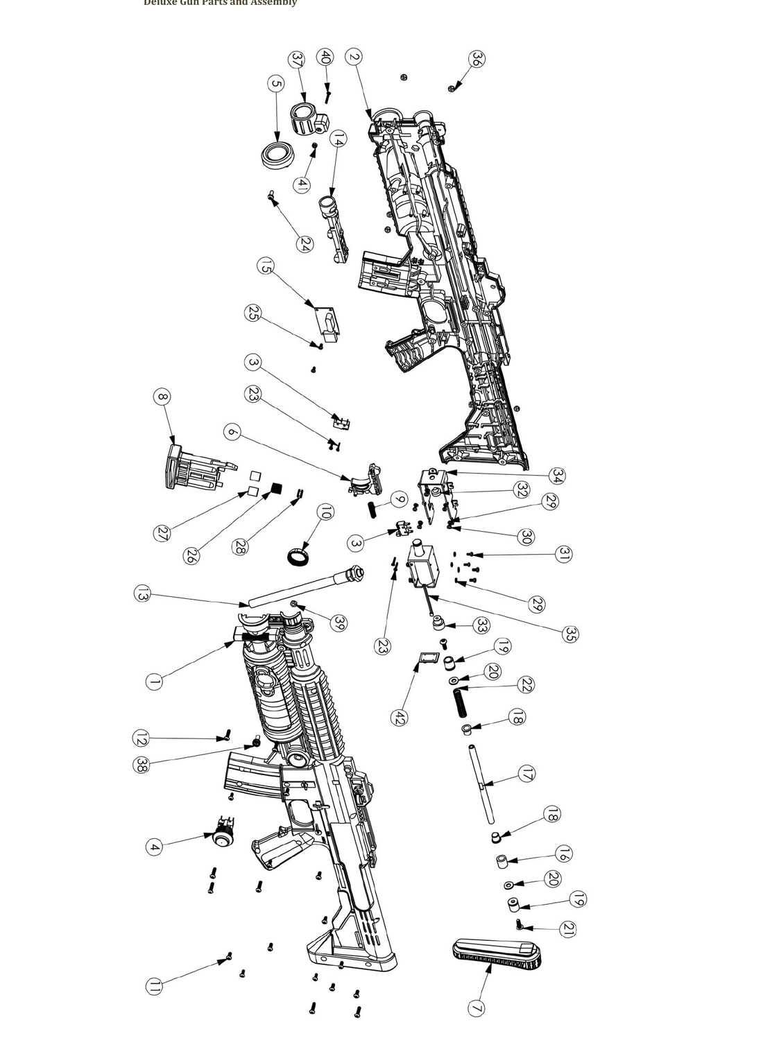 Figure 7 — The Aliens Armageddon deluxe rifle from the service manual: rifle halves (1, 2), the camera assembly (14) behind the barrel cap (5), the USB hose and harness (13), and the recoil parts in the recei…