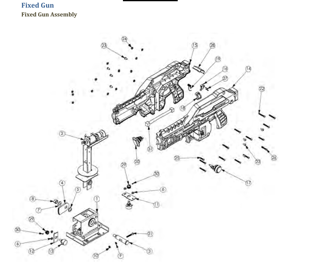 Figure 6 — The fixed gun assembly from the Aliens Armageddon service manual: the gun halves (14, 15) on a bracket sub-assembly (2) that turns on a 5/8-inch shaft (3) in the base sub-assembly (1), with a gear …
