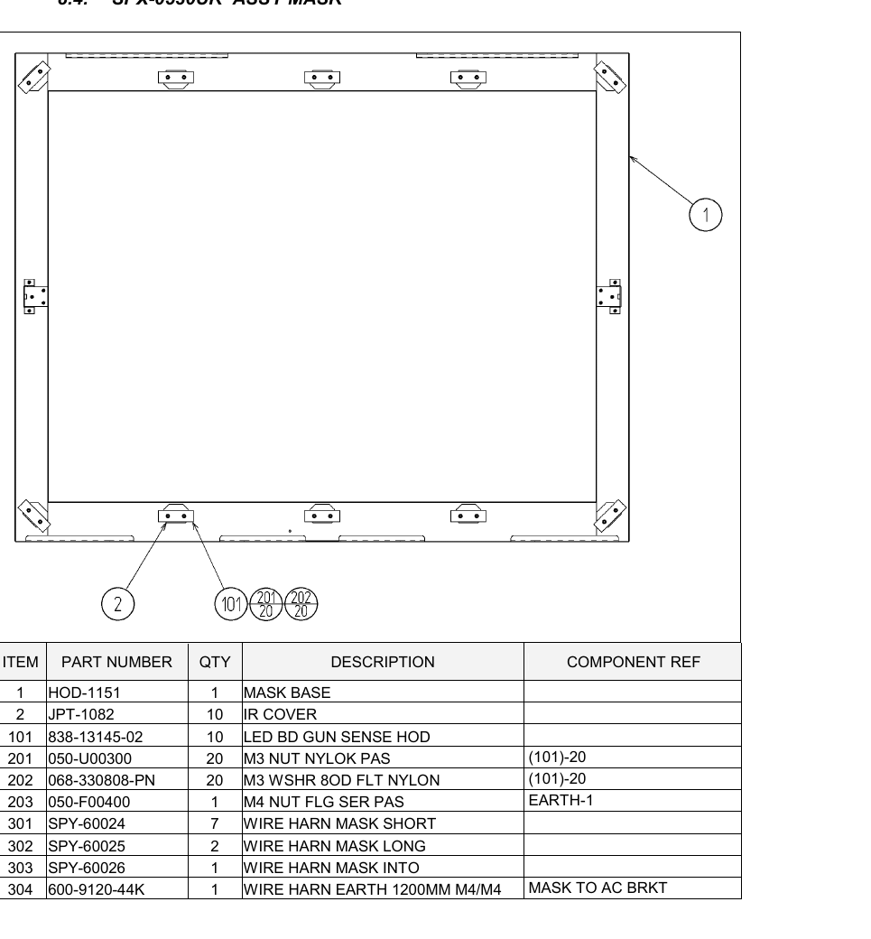 Figure 1 — The SPX-0530UK mask assembly from Sega's The House of the Dead III DX service manual: the mask base that frames the projection screen, with fittings for the IR covers (2) and LED boards (101) aroun…