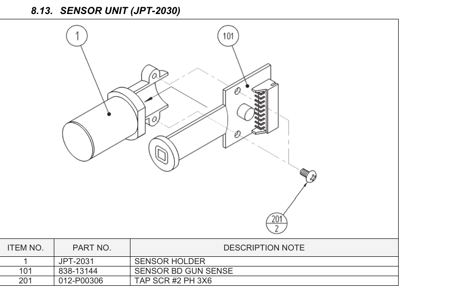 Figure 2 — The JPT-2030 sensor unit: a cylindrical holder (1) with a window at the front end, and the 838-13144 sensor board (101) mounted on its back with a row of header pins. It fits in the gun's barrel. D…