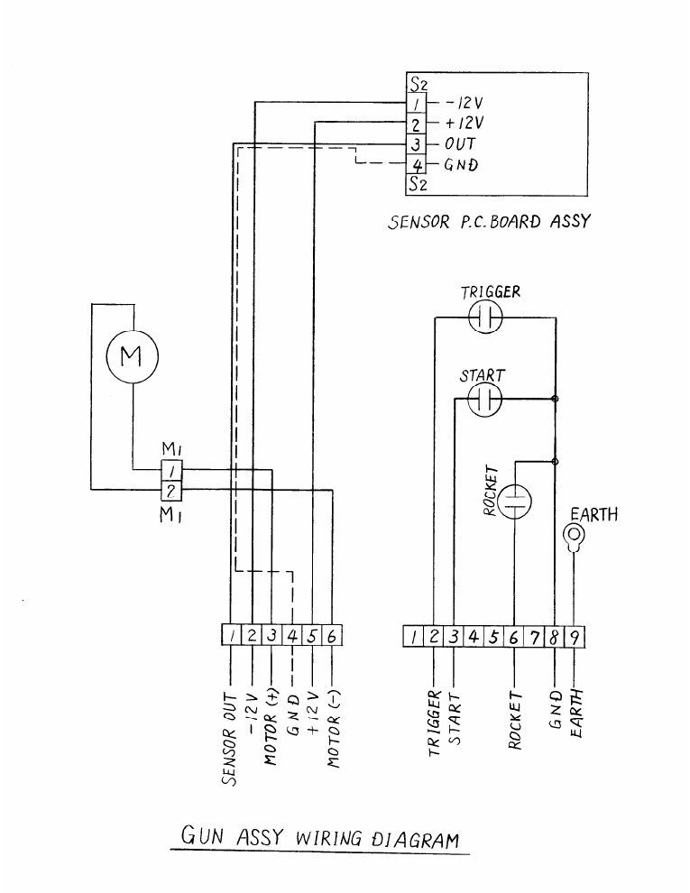 Figure 3 — Taito America's Gun Assy Wiring Diagram for Operation Wolf. The gun contains a sensor board (top), a motor (left), and three switches; the six-pin connector carries SENSOR OUT, ±12 V, ground and th…