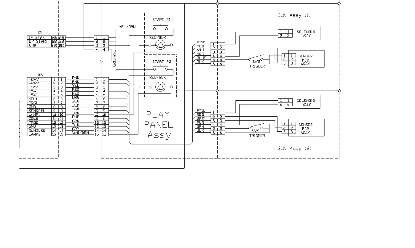 Figure 4 — The gun section of Namco's Point Blank schematic, UK edition. Each GUN Assy has a SOLENOID ASSY on two wires and a three-wire SENSOR PCB ASSY plus a trigger switch (SW8, SW9), six wires in all, on …
