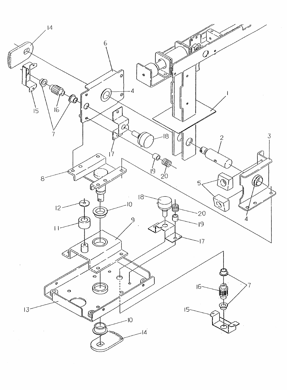 Figure 3 — Space Gun's gun base from the Electrocoin service manual. On each axis a sector gear, gear A (14), drives a small gear B (16) in a gear bracket (15); the B-5K variable resistors (18) sit on volume …