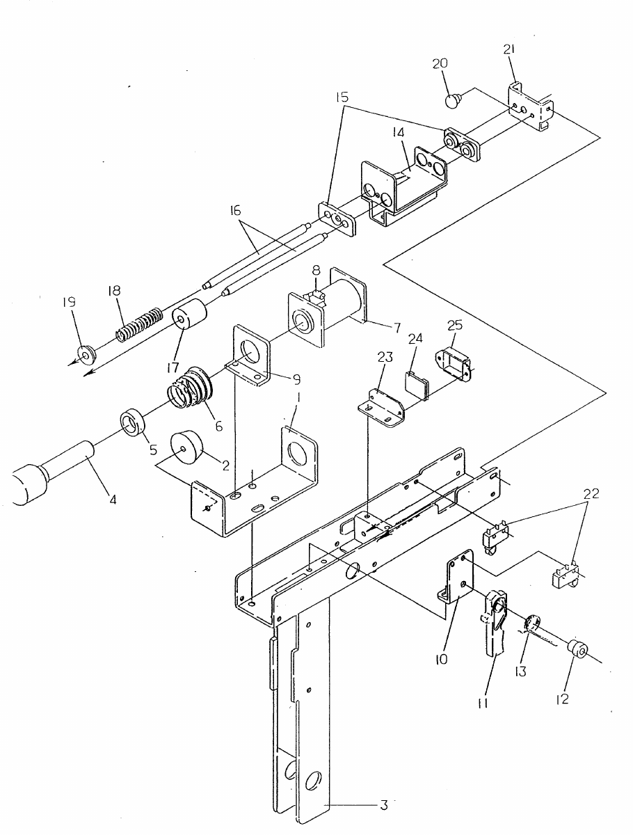 Figure 2 — Space Gun's recoil assembly from the Electrocoin service manual: the solenoid (7) with a diode (8) at its terminals, the plunger (4) with its spring (6) and cushion rubber (5), the solenoid bracket…