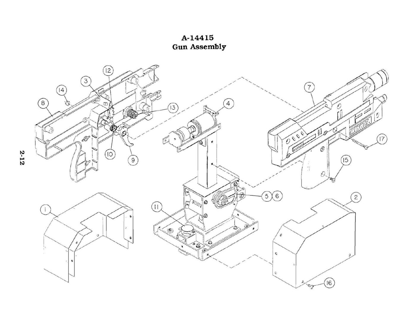 Figure 5 — Midway's A-14415 Gun Assembly for Terminator 2. A potentiometer (11) sits in the base; the gear drive and pinion (5, 6) are on the side of the pivot block; the coil and bracket assembly (4) at the …