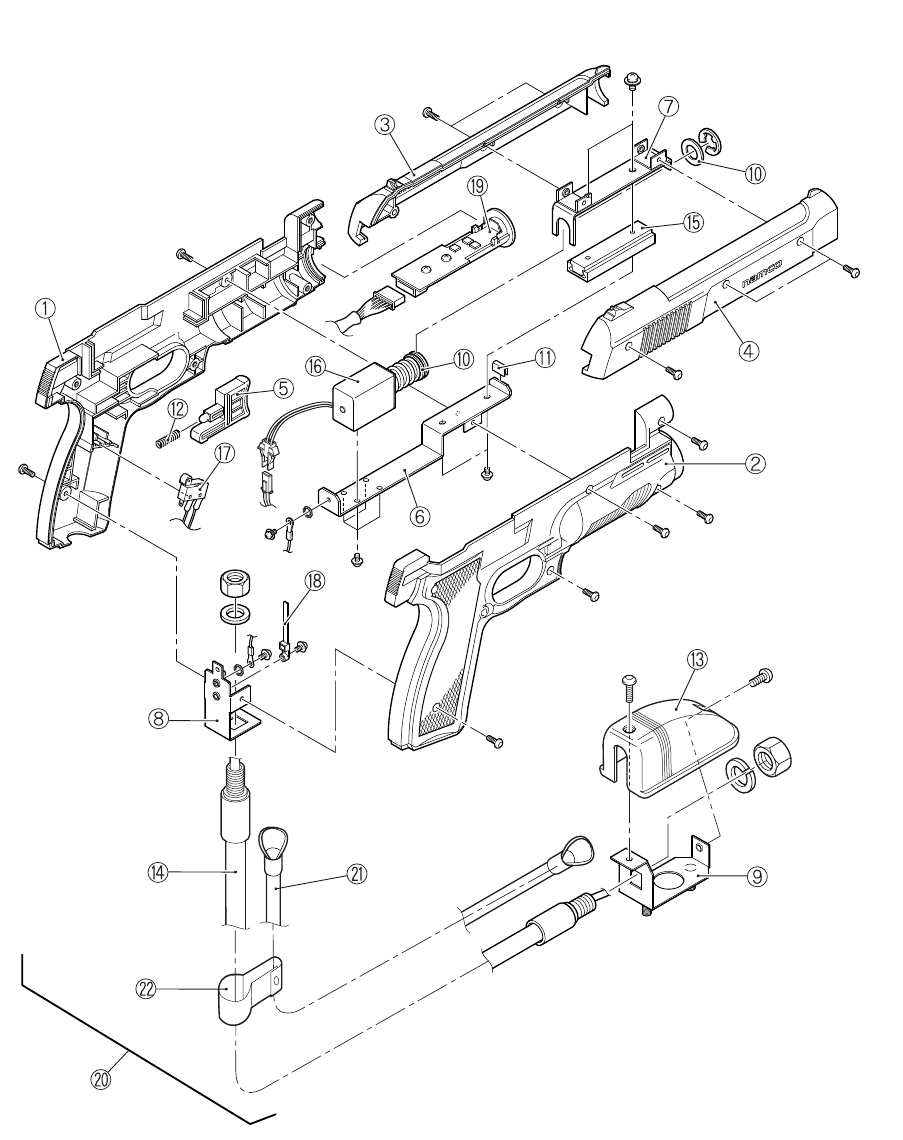 Figure 5 — The Time Crisis 4 Gun Assy: gun bodies (1, 2), slides (3, 4), the rectangular solenoid unit (16) on its bracket (6) with the spring and rubber spacer (10), the trigger microswitch (17), and the lig…
