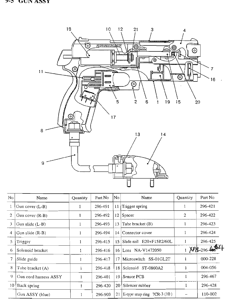 Figure 1 — Namco's Gun ASSY drawing and parts list for the Time Crisis SD cabinet. The lens (16) and the sensor PCB (19) sit at the muzzle end; the microswitch (17) is behind the trigger (5); the solenoid (18…