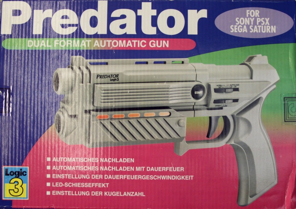 Figure 5 — The Logic 3 Predator, model JT400, in its box: a "dual format automatic gun" for the PlayStation and the Saturn, with auto-reload, auto-fire, an LED firing effect and adjustable rate. Photo: Centre…