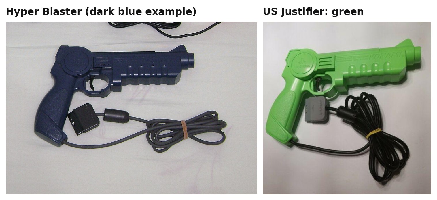 Figure 2 — Konami's PlayStation gun in two of its colours, the same mould both times. Left: a dark blue example identified by its photographer as a Hyper Blaster. Right: the green gun sold in North America as…
