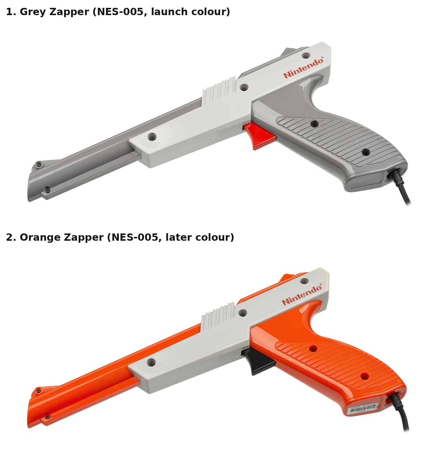 Figure 6 — The two colours of the NES Zapper photographed from the same side at the same scale. 1: the launch colour, two-tone grey with a red trigger. 2: the later colour, orange body and grey top with a bla…