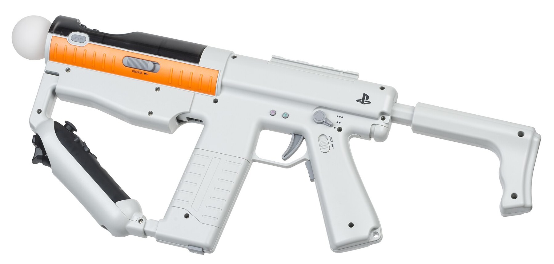 Figure 6 — The PlayStation Move Sharp Shooter in white, grey and orange, with a Move motion controller fitted in the barrel (its glowing sphere at the muzzle) and a navigation controller in the fore-grip. The…