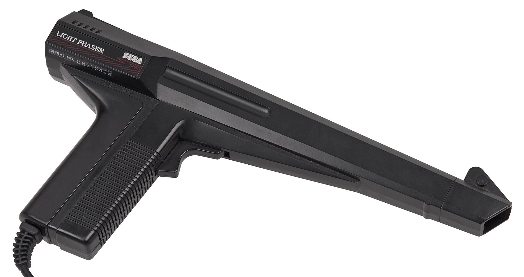 Figure 8 — The Sega Light Phaser for the Master System, in its standard all-black moulding with the Sega and Light Phaser names on the side. The sensor and its lens are in the tip of the barrel; the trigger a…