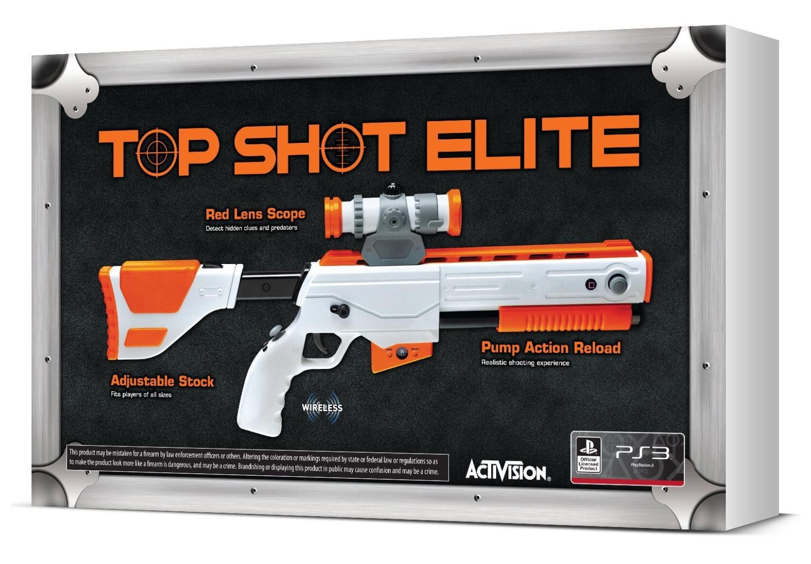 Figure 5 — The Top Shot Elite box for the PlayStation 3: an Official Licensed Product carrying the Activision name, with the red lens scope, adjustable stock and pump-action reload called out and the word WIR…