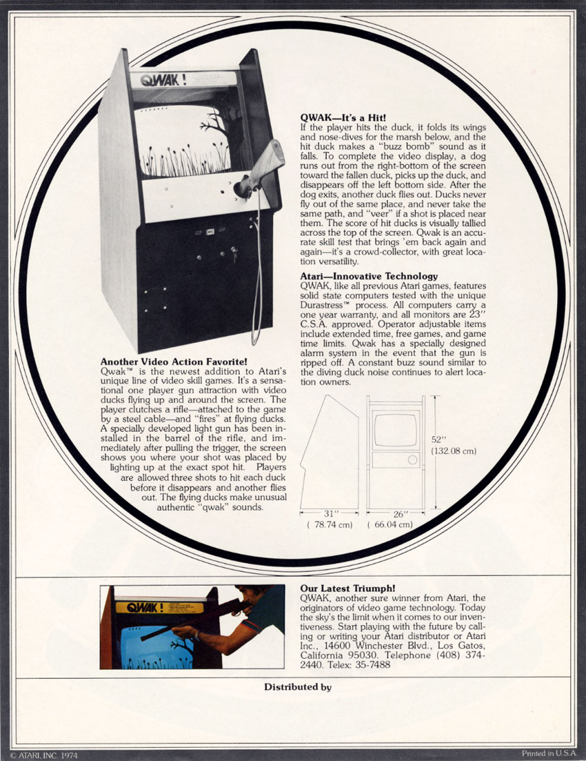 Figure 3 — The back of Atari's 1974 sales flyer for Qwak!. The copy explains that "a specially developed light gun has been installed in the barrel of the rifle, and immediately after pulling the trigger, the…