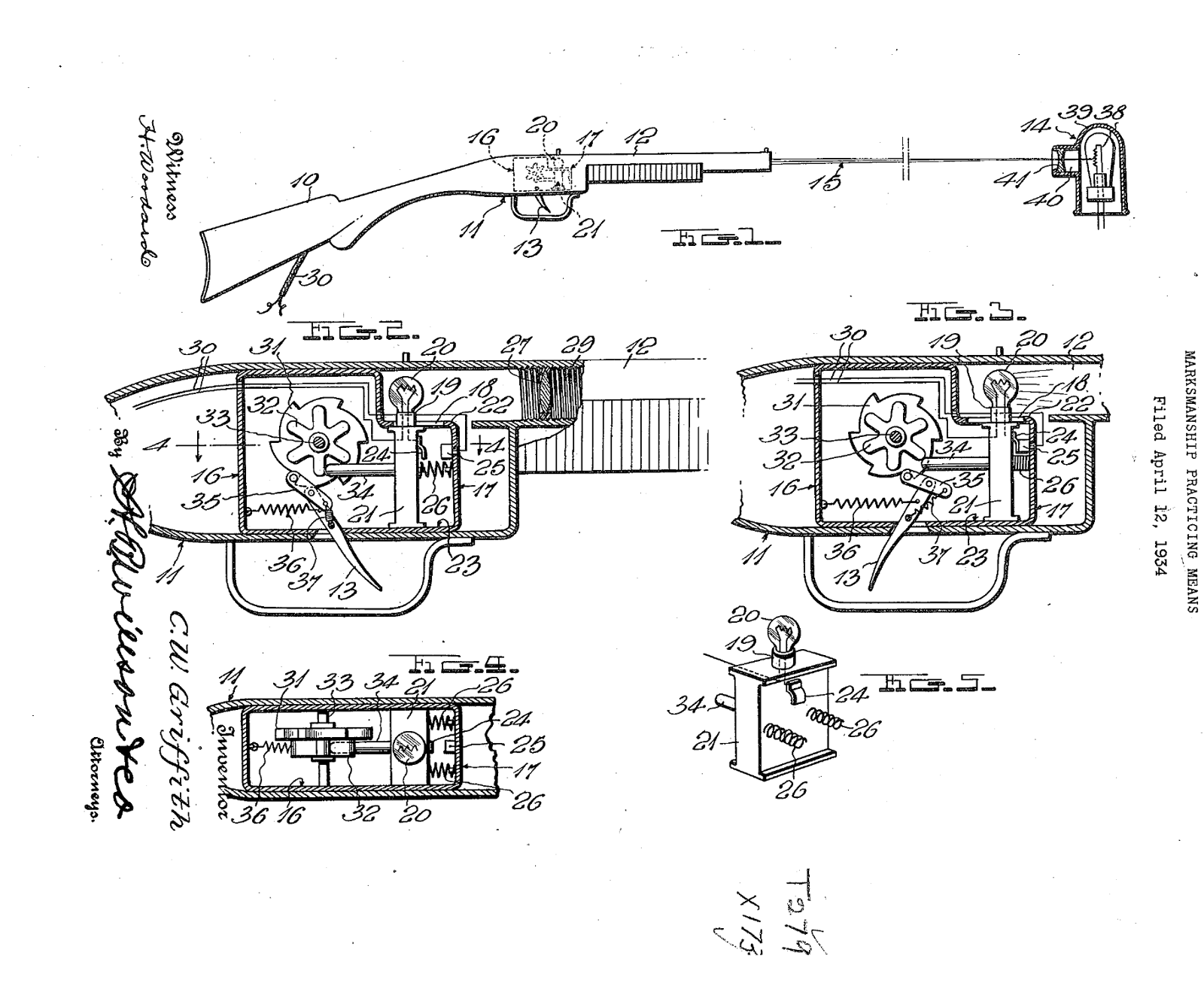 Figure 1 — Sheet 1 of Charles W. Griffith's US Patent 2,007,082, Marksmanship Practicing Means, filed in April 1934. The rifle at the top carries a lamp and lens in its breech and fires a flash of light at a …